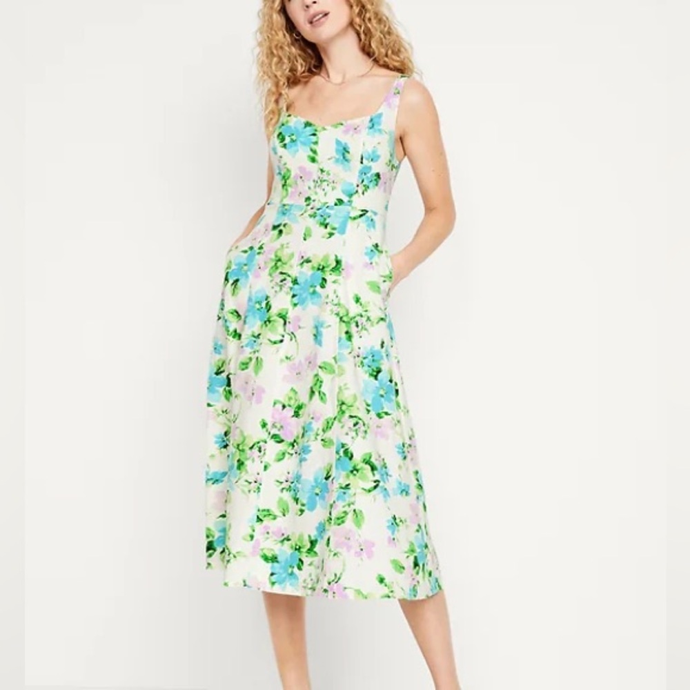 Old Navy Floral Midi Dress in Blue, Green, Pink on White